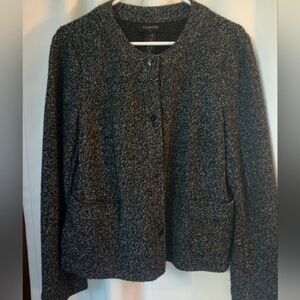 Talbots Womens Sweater Coat Size 12 Large Marled Black Boxy Cardigan Pockets